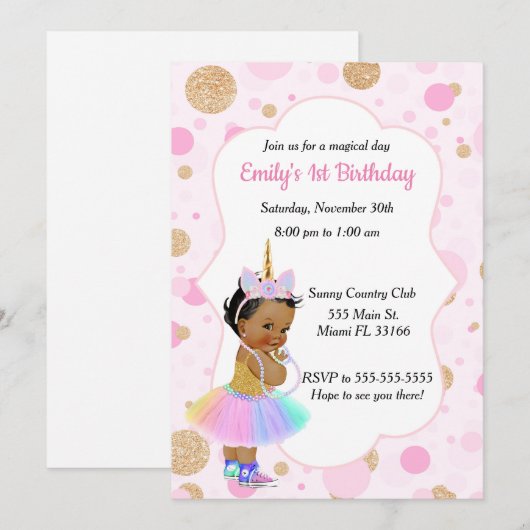 Unicorn Baby 1st Birthday Uitnodiging 3 (Voorkant / Achterkant)