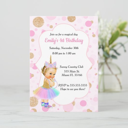 Unicorn Baby 1st Birthday Uitnodiging 4 (Staand voorkant)