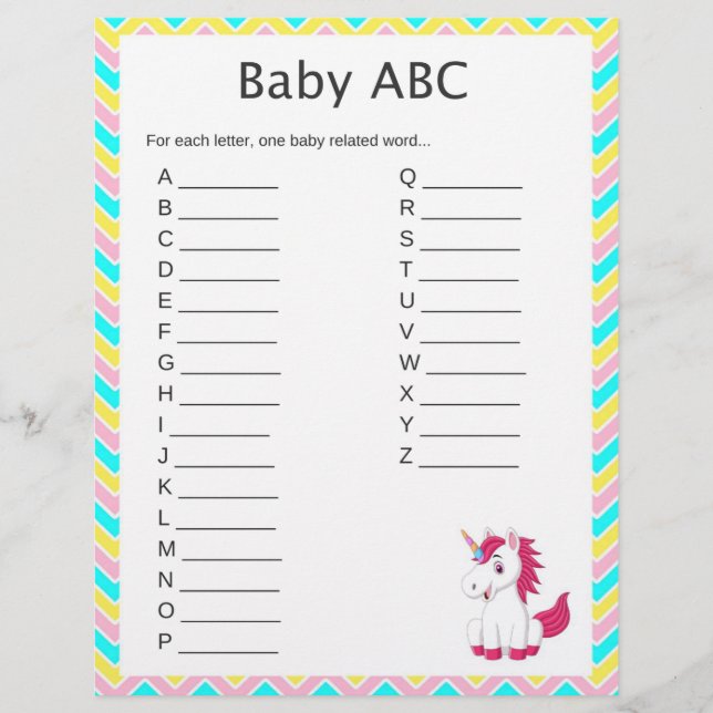 Unicorn Baby ABC Baby shower Game (Voorkant)