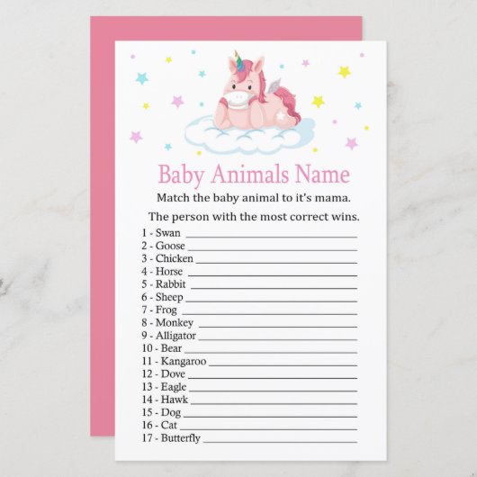 Unicorn Baby Animals Name Game (Voorkant / Achterkant)