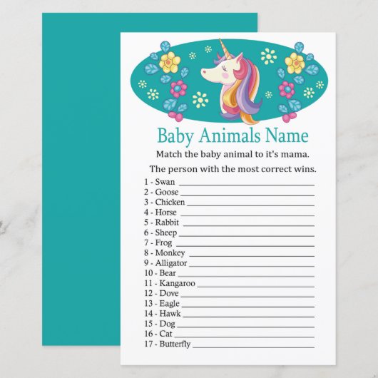 Unicorn Baby Animals Name Game (Voorkant / Achterkant)
