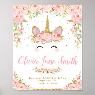 Unicorn Baby Nursery Bedroom Birth Stats Sign. Poster