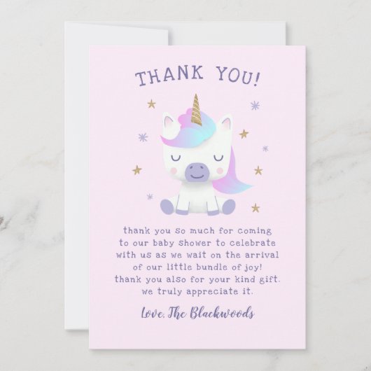 Unicorn Baby shower Bedankkaart (Voorkant)