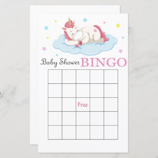 Unicorn baby shower bingo card, Unicorn bingo (Voorkant / Achterkant)