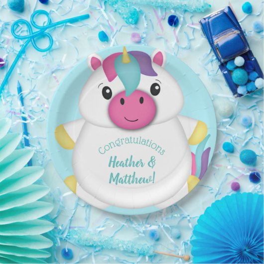 Unicorn Baby shower Blauwgroen Papieren Bordje (Feest)
