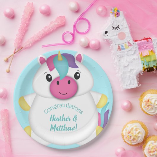 Unicorn Baby shower Blauwgroen Papieren Bordje (Feest)