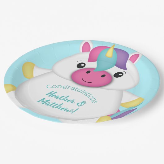 Unicorn Baby shower Blauwgroen Papieren Bordje (Gekanteld)