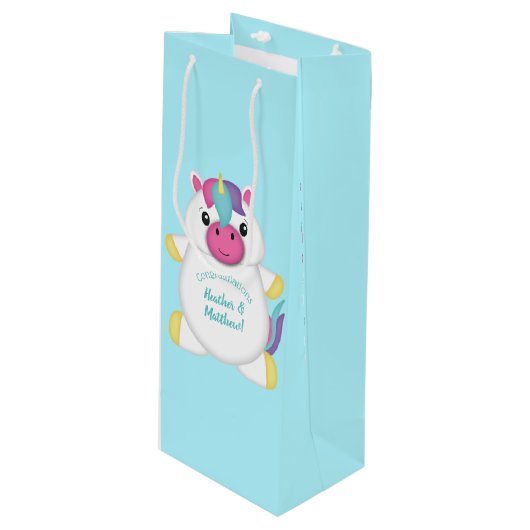 Unicorn Baby shower Blauwgroen Wijn Cadeautas (Voorkant Gekanteld)