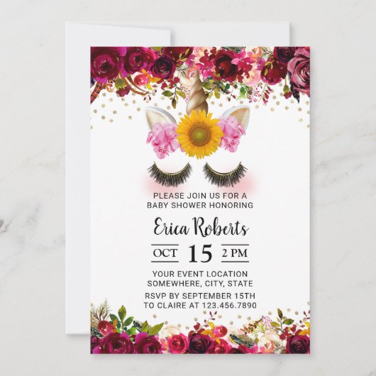 Unicorn Baby shower  Burgundy Red Floral Kaart (Voorkant)