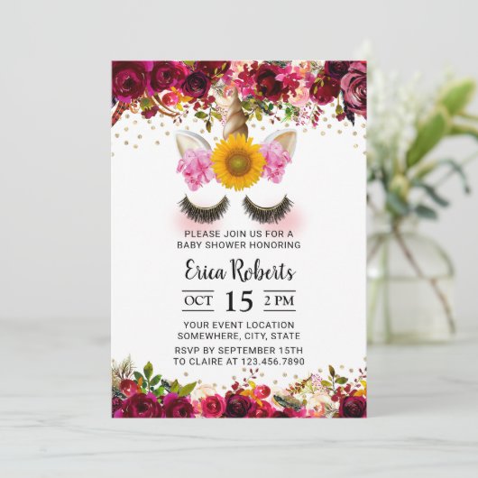 Unicorn Baby shower  Burgundy Red Floral Kaart (Staand voorkant)