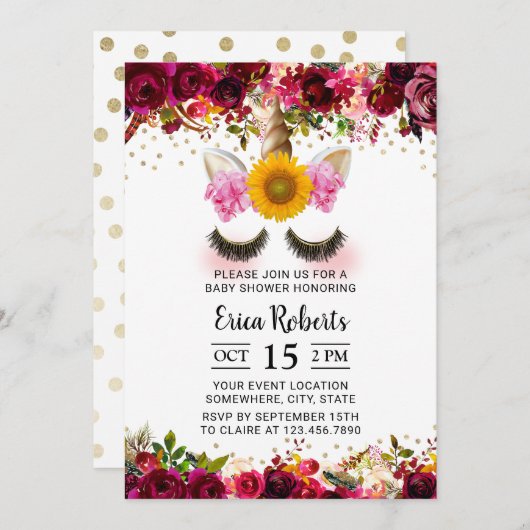 Unicorn Baby shower  Burgundy Red Floral Kaart (Voorkant / Achterkant)