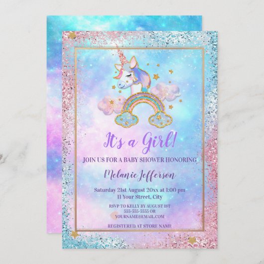 Unicorn Baby Shower Invitaties Kaart (Voorkant / Achterkant)