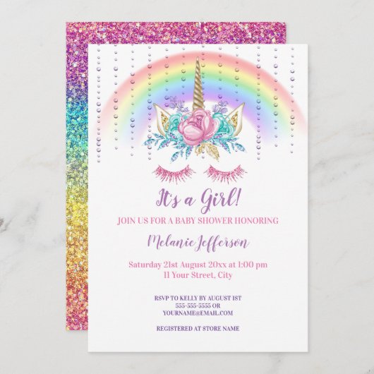 Unicorn Baby Shower Invitaties Kaart (Voorkant / Achterkant)