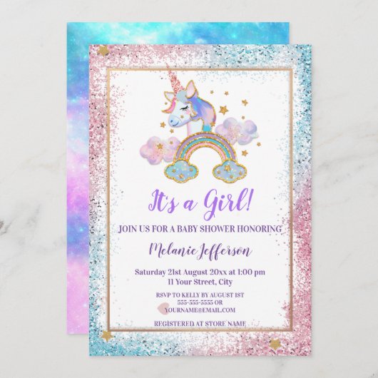 Unicorn Baby Shower Invitaties Kaart (Voorkant / Achterkant)