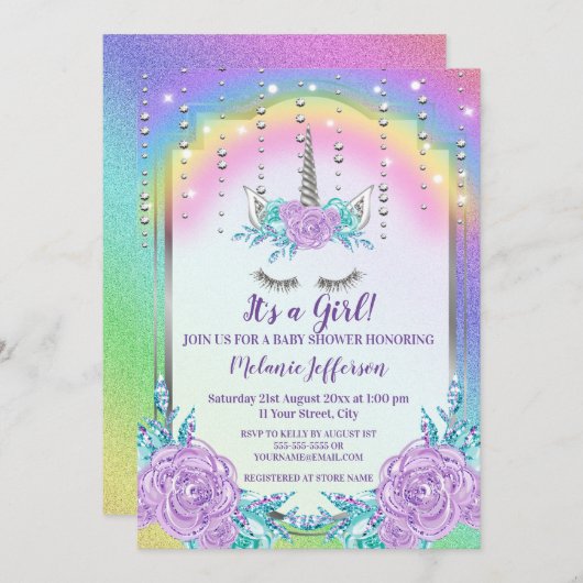Unicorn Baby Shower Invitaties Kaart (Voorkant / Achterkant)