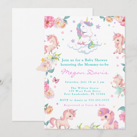 Unicorn Baby Shower Invitaties Kaart (Voorkant / Achterkant)