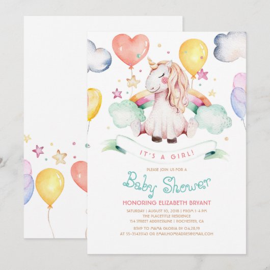 Unicorn Baby shower Invitation | Het is een meisje Kaart (Voorkant / Achterkant)