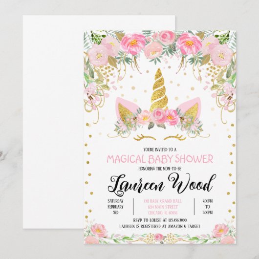 Unicorn Baby Shower Invitation Kaart (Voorkant / Achterkant)