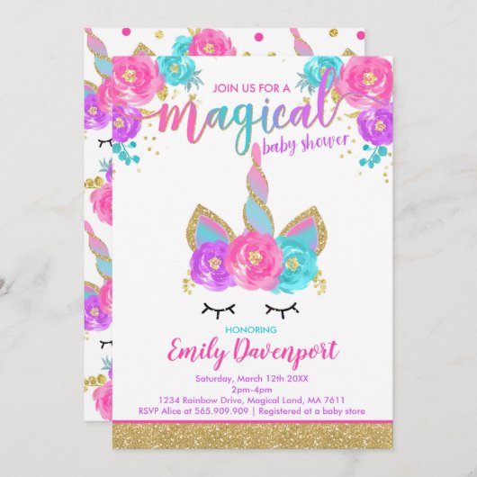 Unicorn Baby shower Invitation Magical Baby shower Kaart (Voorkant / Achterkant)