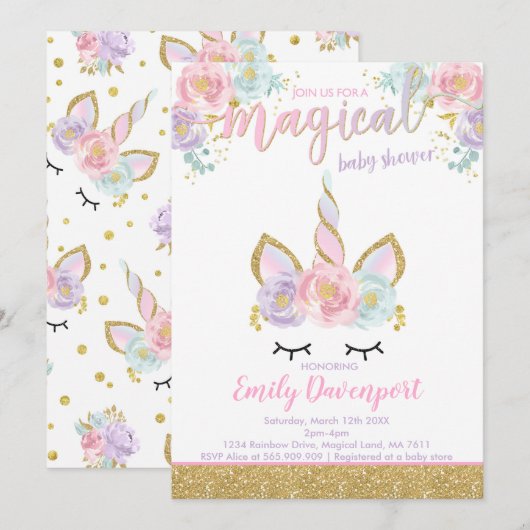 Unicorn Baby shower Invitation Magical Baby shower Kaart (Voorkant / Achterkant)