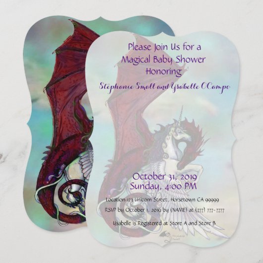 Unicorn Baby shower Invitation Red Dragon Kaart (Voorkant / Achterkant)