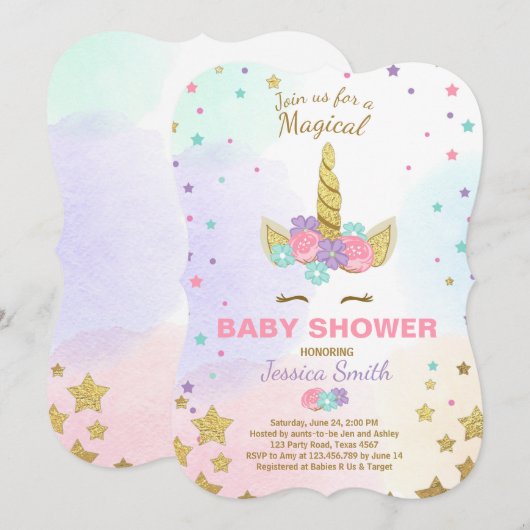 Unicorn Baby shower Invitation roze Gold Magical Kaart (Voorkant / Achterkant)