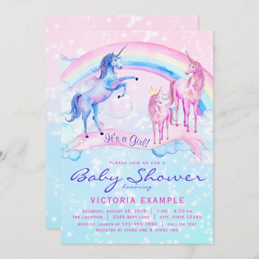 Unicorn Baby Shower Invitting Pastel Unicorn Kaart (Voorkant / Achterkant)