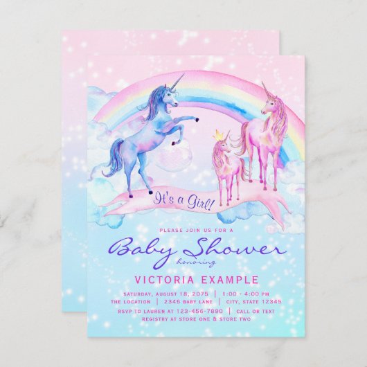 Unicorn Baby Shower Invitting Pastel Unicorn Kaart (Voorkant / Achterkant)