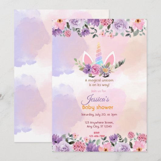 Unicorn Baby shower Kaart (Voorkant / Achterkant)