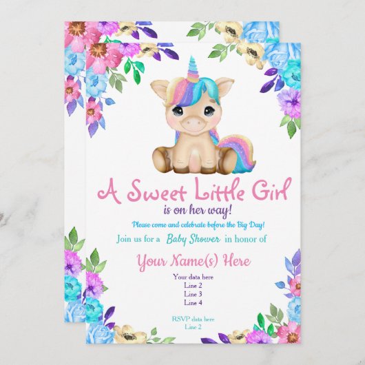 Unicorn Baby shower nodigt Floral uit Kaart (Voorkant / Achterkant)
