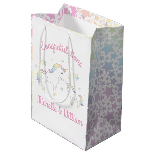 Unicorn Baby shower Pastel Regenboog Medium Cadeauzakje (Achterkant Gekanteld)