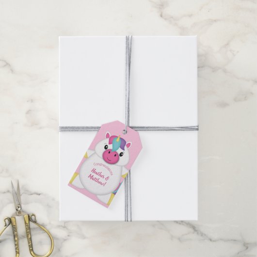 Unicorn Baby shower Roze Cadeaulabel (Met Touw)
