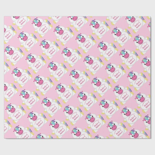 Unicorn Baby shower Roze Cadeaupapier (Vlak)