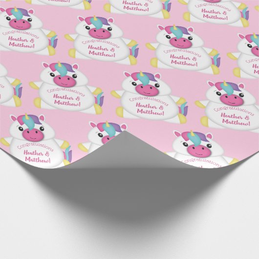 Unicorn Baby shower Roze Cadeaupapier (Hoek)