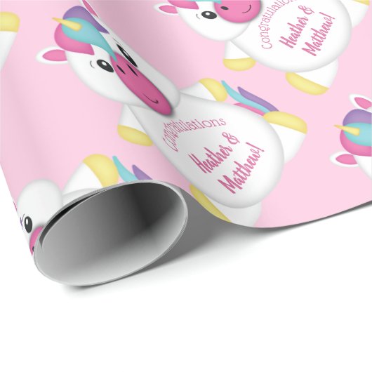 Unicorn Baby shower Roze Cadeaupapier (Rol Hoek)