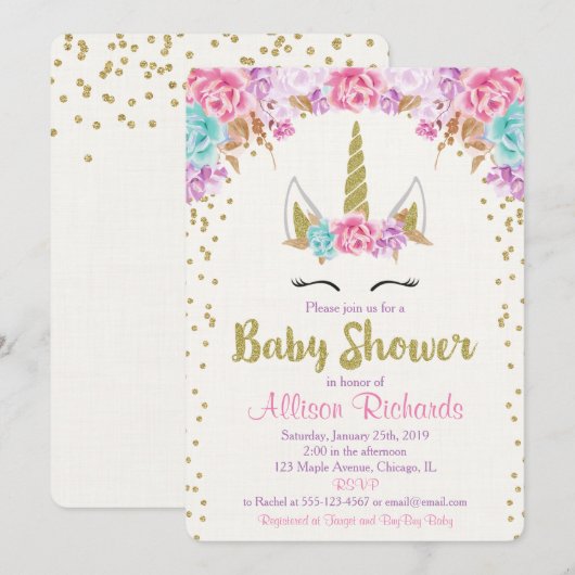 Unicorn baby shower, roze en goud kaart (Voorkant / Achterkant)