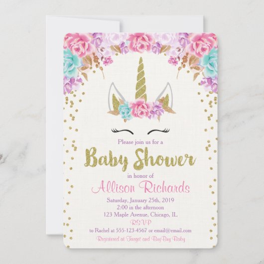 Unicorn baby shower, roze en goud kaart (Voorkant)