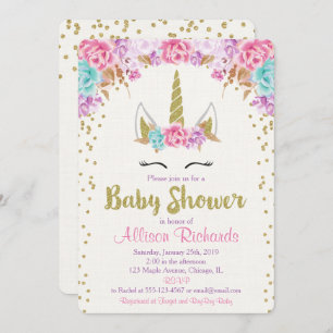 Unicorn baby shower, roze en goud kaart