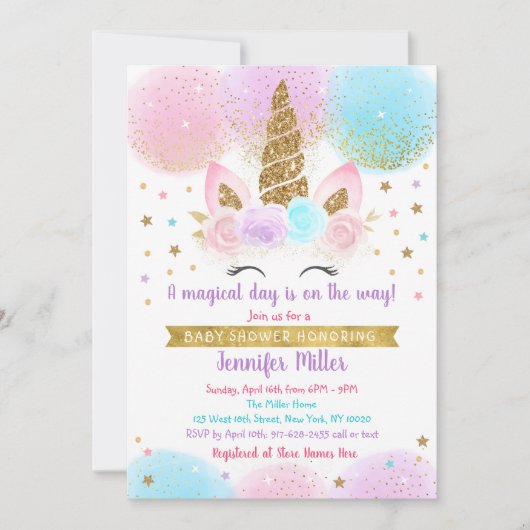 Unicorn Baby shower Roze goudregenboog Kaart (Voorkant)