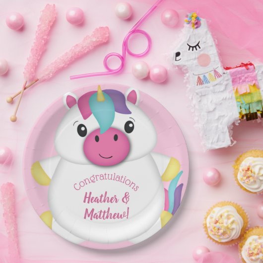 Unicorn Baby shower Roze Papieren Bordje (Feest)