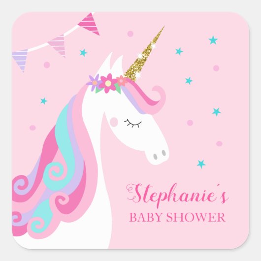 Unicorn Baby shower Roze Vierkante Sticker (Voorkant)