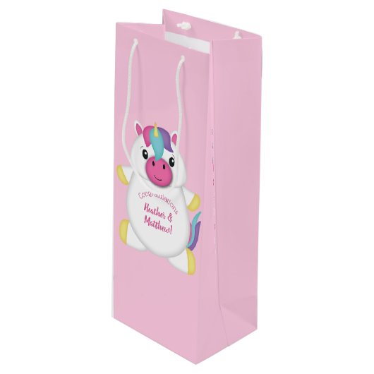 Unicorn Baby shower Roze Wijn Cadeautas (Voorkant Gekanteld)