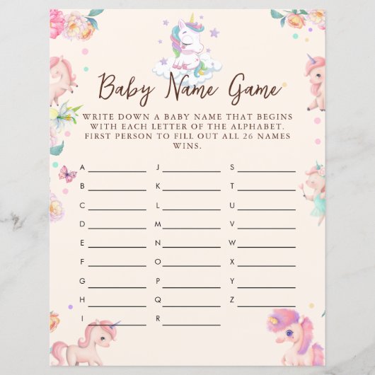 Unicorn Baby shower spel Baby naam spel (Voorkant)