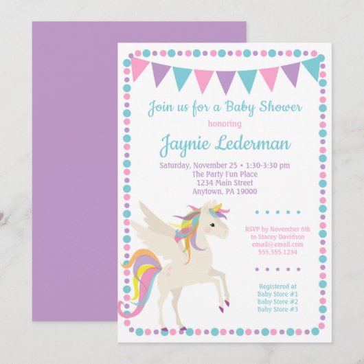 Unicorn Baby shower Uitnodiging Genderneutraal (Voorkant / Achterkant)