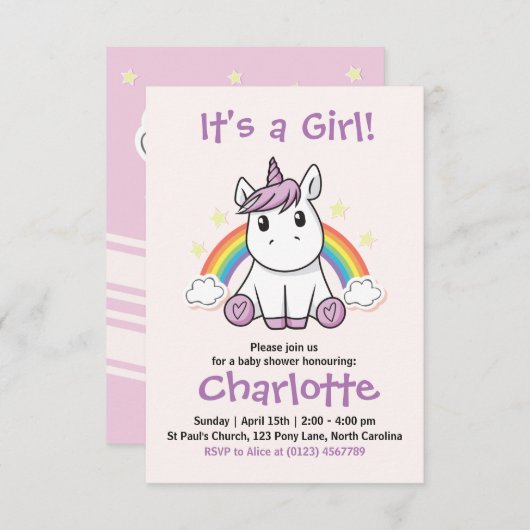 Unicorn Baby shower-uitnodiging Kaart (Voorkant / Achterkant)