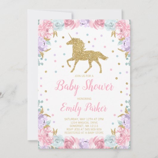 Unicorn Baby shower Uitnodiging Roze Gold Unicorn (Voorkant)