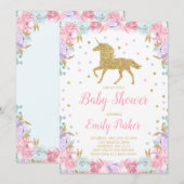 Unicorn Baby shower Uitnodiging Roze Gold Unicorn (Voorkant / Achterkant)