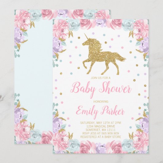 Unicorn Baby shower Uitnodiging Roze Gold Unicorn (Voorkant / Achterkant)