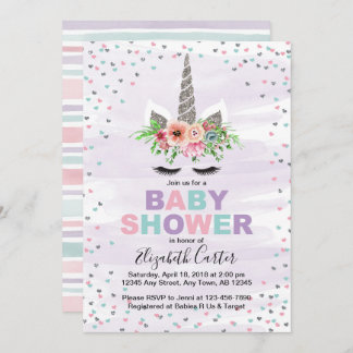 Unicorn baby shower-uitnodiging voor meisjes paars kaart
