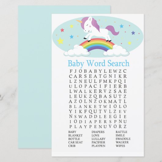 Unicorn Baby shower Word Search Game (Voorkant / Achterkant)
